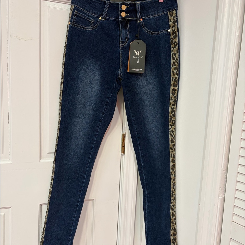White Mark Dark Blue Skinny Jeans with Leopard Side Stripe